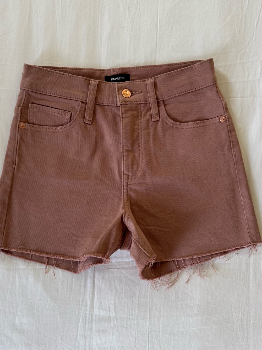 Express Mauve-Brown Shortie High-Rise Hyper Stretch Frayed Hem Jean Shorts